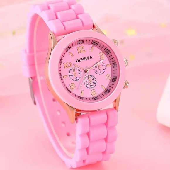 1pc Cute Round Silicone Quartz Watch For School Students And 5pcs Pink Heart Set - Picture 3 of 7